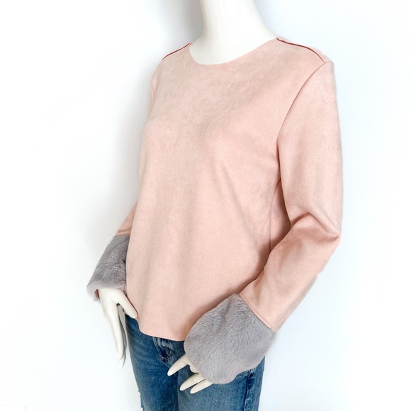 NWT | Zara Faux Suede Top Faux Fur Sleeve Trim Light Pink Grey Gray Pullover M - Picture 5 of 13